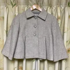 グレー チェック 柄 フレア ジャケット アウター 七分袖 ウール 混