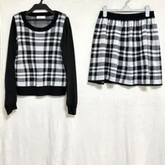 チェック柄 袖シフォン セットアップ ブラック トップス スカート 膝丈 黒