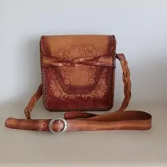 アナップANAPブラウン本革レザーショルダーバッグ花柄型押し編み込みストラップのサムネイル