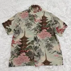 め0640着物リメイク正絹色留袖藤紫地御所庭園山水楼閣文アロハシャツハンドメイド め0640着物リメイク正絹色留袖藤紫地御所庭園山水楼閣文アロハシャツ