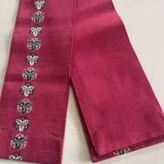 半幅帯、ワインレッド 、葉の模様刺繍