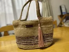 麻紐トートバッグ　皮タグ　タッセル付き