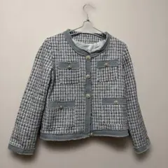 ツイード ノーカラージャケット グレー系　デニム素材