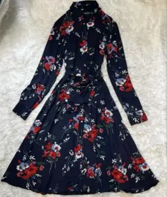 美シルエット✨️ローレンラルフローレン 花柄ワンピース 金ボタン ウエストリボン