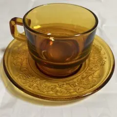 昭和レトロ アンバーガラス コーヒーカップ＆ソーサー 5客セット 飴色 琥珀色