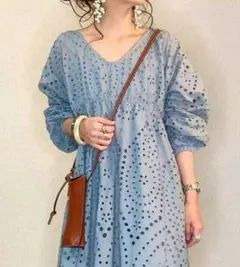 春 新作 ワンピース レディース 韓国 ロング 長袖 花柄 ブルー レースI
