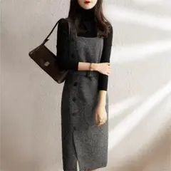 ☆新作　大人かわいい　グレー　ジャンパースカート　ワンピース　Lサイズ　ラス1