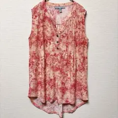 美品✨ノースリーブ チュニック【S】赤系 Vネック　花柄 刺繍 上品 体型カバー