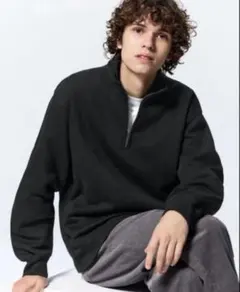 GUヘビーウェイトスウェット ハーフジッププルオーバー ブラック