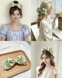 緑色 サテン リボン ヘアアクセサリー　バレッタ