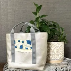 インド刺繍リボンバッグ　トートショルダーバッグ　シルバー