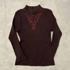 リブニット ハイネック ブラウン ビーズ M フェミニン 上品 クラシカルのサムネイル