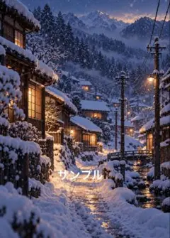 【一作限り】雪灯りの山里 E362 日本の冬景色 幻想風景 アート　風景画