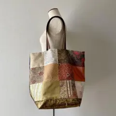 パッチワークトートバッグ 着物　リメイク　革持ち手