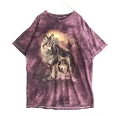 3104　オオカミ　アニマル　ビッグプリント　半袖　Tシャツ　タイダイ　紫