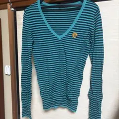 SLY ボーダー　長袖ニット　Ｖネック　ターコイズ/ブラック　サイズ1