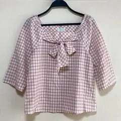 【美品】ギンガムチェック リボンブラウス ピンク 七分袖ガーリー 春夏トップスＦのサムネイル
