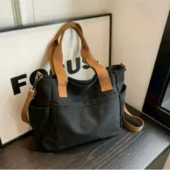 黒 帆布 トートバッグ 通勤　通学 多ポケット 斜め掛け　ショルダー　旅行
