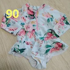 【ラッシュガード】フラワープリント　長袖水着　女の子　花柄　水色　90cm