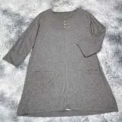 【M】5分袖ロングTシャツ　チュニック　グレー　レディース　薄手　ポケット付き