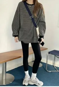 ドロップショルダー　ボーダー　長袖　カットソー　黒　美品　Tシャツ