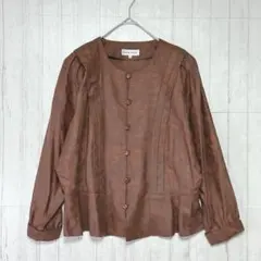 セットアップ　ノーカラージャケット　タイトスカート　ブラウン【L】