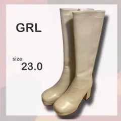 新品 GRL センターシームチャンキーヒールレザーロングブーツ 23 アイボリー