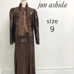 ジュンアシダ カシュクールブラウス 9号 バラ柄 ウエストリボン 黒 肩 