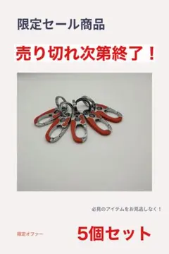 カラビナ付きキーリング 5個セット（赤）※オレンジに近い