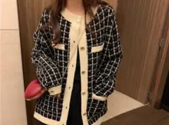 ツイード柄ニットカーディガントップスレディース