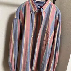 【希少/90s】トミーヒルフィガー マルチカラー ストライプシャツ 刺繍ロゴ L