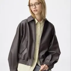 GU フェイクレザーハリントンジャケット ダークブラウン M