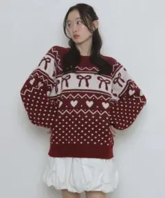 リボンとハート柄のオーバーサイズニット　wego クリスマス