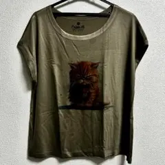 ネコ　プリント Ｔシャツ グリーン・オリーブ　フリーサイズ　オリジナル②