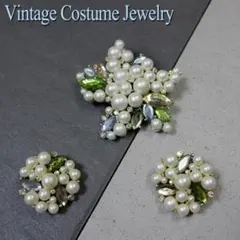 ヴィンテージ◆パールとストーンのブローチとイヤリングセット