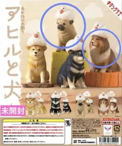 あかねの木彫り【アヒルと犬 フィギュアセット】柴犬2頭 新品未開封