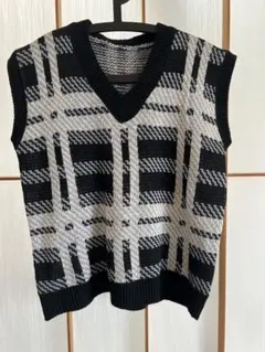 チェック柄 ニットベスト Vネック