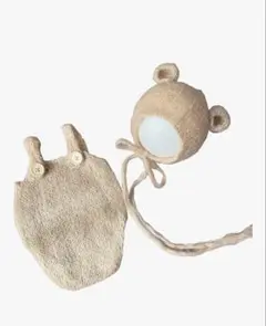 ニューボーンフォト用 ベビー クマ耳 モヘア ニット ロンパース 帽子セット