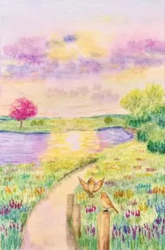 ささみ様専用水彩画　春の夕暮れ　値段は※900円です