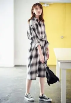 【新品】ユニクロ フランネルチェック シャツワンピース 長袖 XL