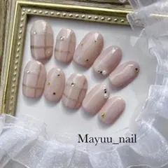 30 チップ•サイズオーダー　ネイルチップ　チェックネイル　ピンク　パール