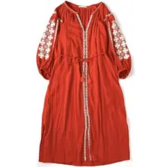 ヌキテパ 刺繍 コットン ギャザー ワンピース エンブロイダリー 赤