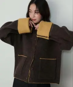 袖配色デザインバイカラーダブルフェイスニットカーディガン　forksy.