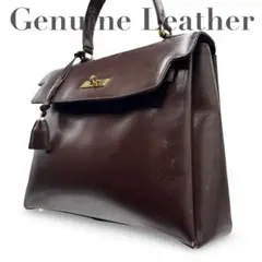 【ヴィンテージ】Genuine Leather ハンドバッグ　ターンロック　茶