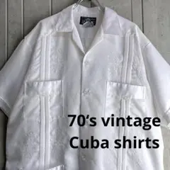 70‘s IZAMAL キューバシャツ 半袖 白 サテン ヴィンテージ　古着のサムネイル