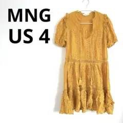 ✨️春色✨️ MNG 半袖 ワンピース 【US 4】 マスタード フリル ミニ丈