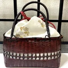 【一】42 和装小物 浴衣 巾着 籠バッグ かごバッグ 竹編み 花柄刺繍 金銀糸