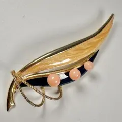 【本珊瑚】ヴィンテージ リーフブローチ 低温七宝 エナメル 桃色サンゴ 葉
