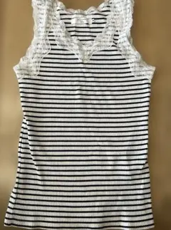 サマンサモスモスブルー　リブ素材　レース　ボーダー　タンクトップ　M 春　夏　秋