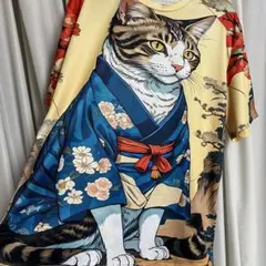 和柄 猫 着物 Tシャツ 半袖　アニマル　動物